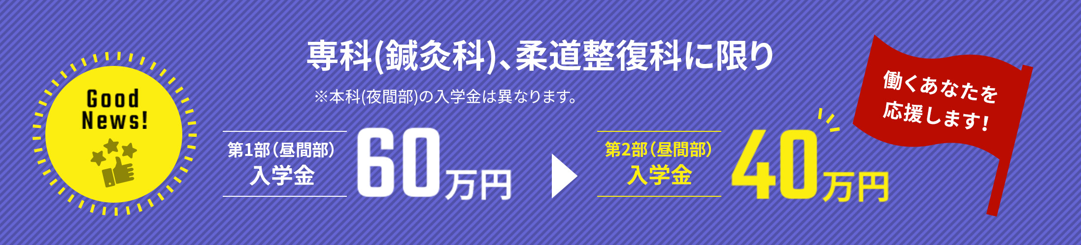 働くあなたを応援します！専科(鍼灸科)、柔道整復科に限り第1部（昼間部）入学金 60万円→40万円 ※本科(夜間部)の入学金は異なります。